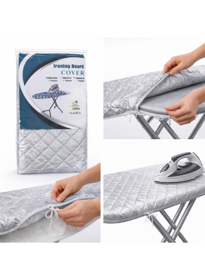 غطاء طاولة كي فاخر مبطن من قماش عاكس للحرارة مع حافة مرنة وبطانة سميكة للضغط بشكل اسرع وازالة التجاعيد، سطح قابل للغسل يناسب الالواح القياسية والمنزل، 140 × 50 سم، فضي - Image 1